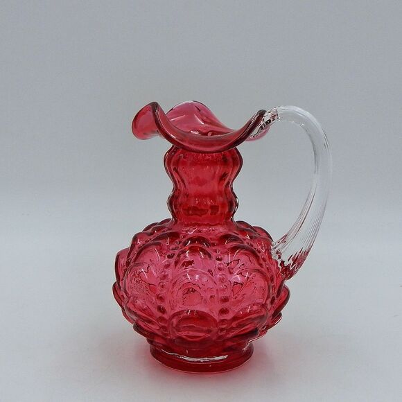 Fenton Cranberry Glass Beaded Melon Pitcher Clear Applied Handle Ruffled Rim - Picture 1 of 10